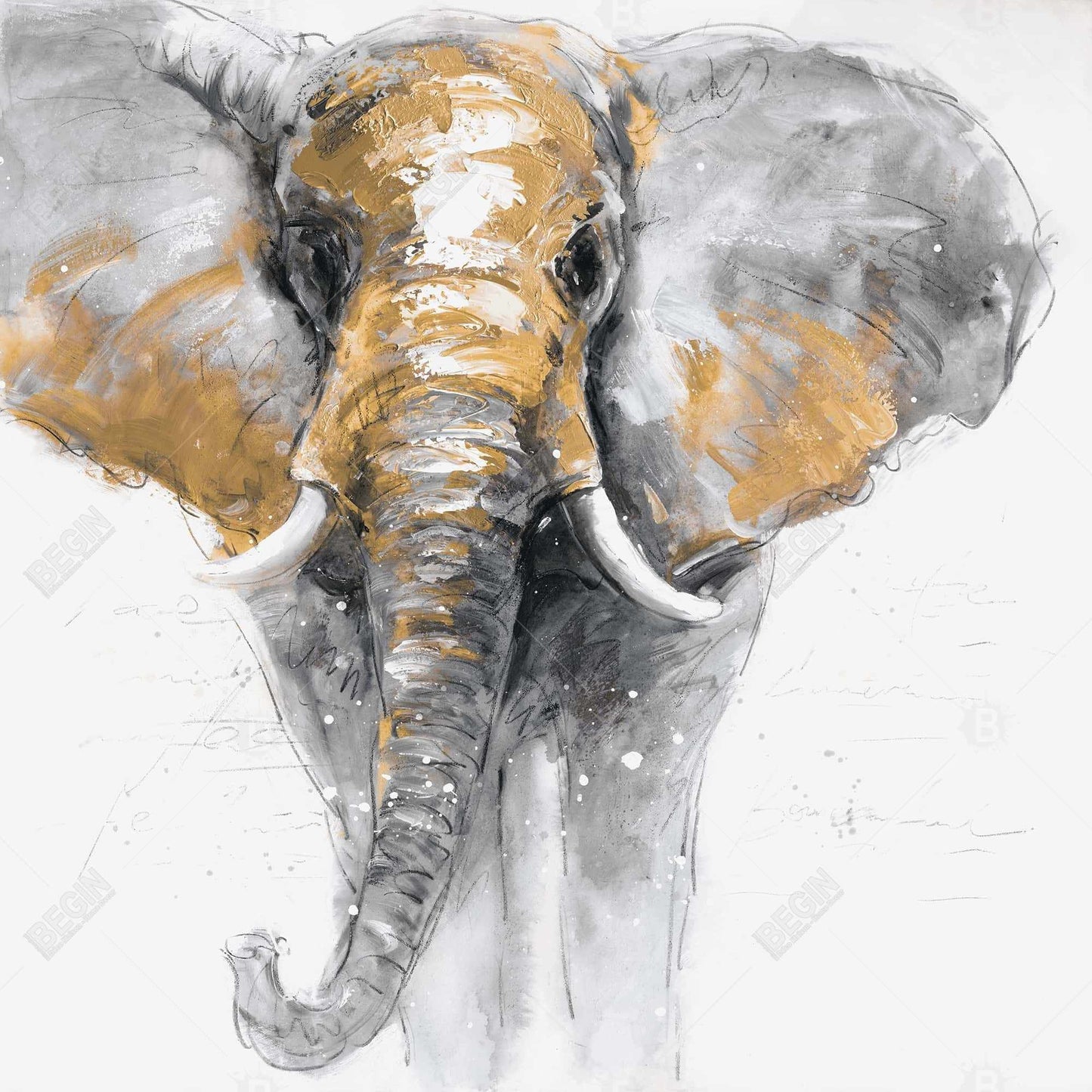 Toile de salon grise motif éléphant doré – Décoration murale animalière