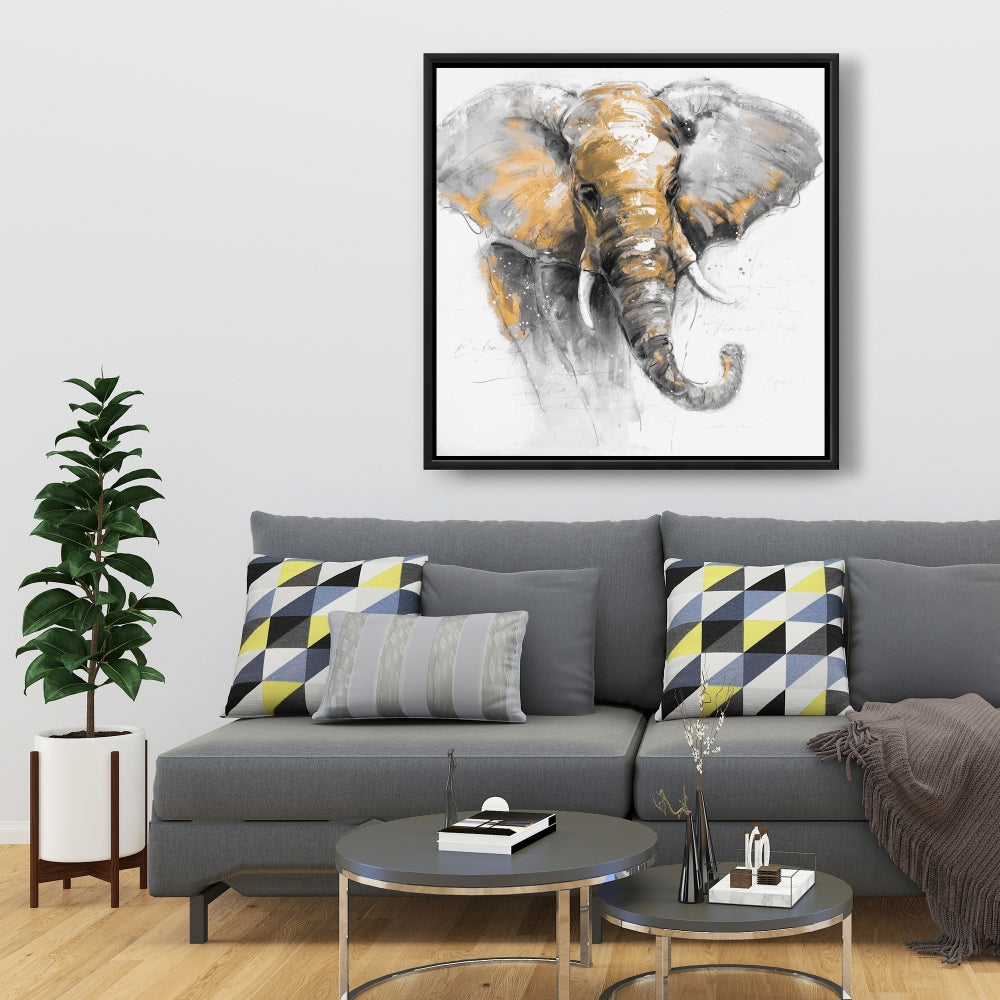 Toile encadrée grise – Magnifique éléphant doré pour la décoration intérieure