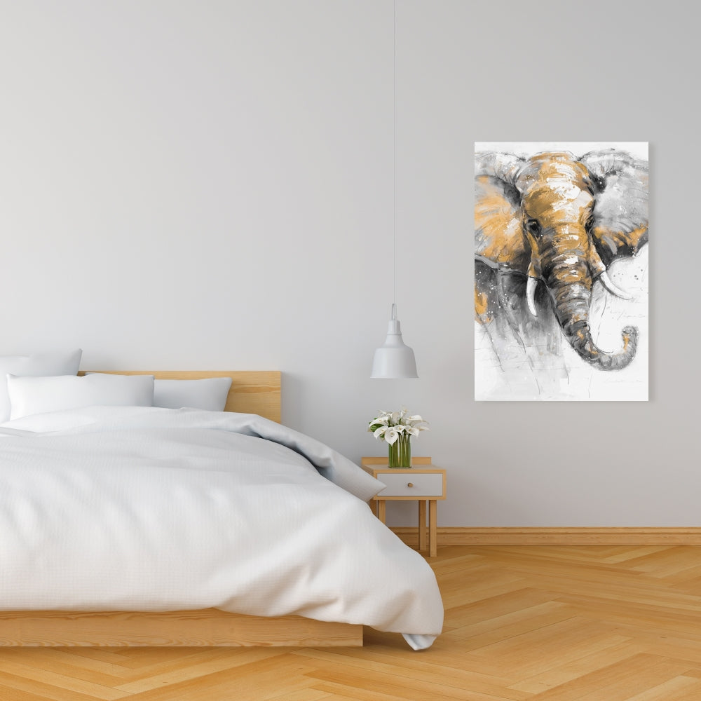 Magnifique toile représentant un éléphant doré – Décoration animalière pour le salon