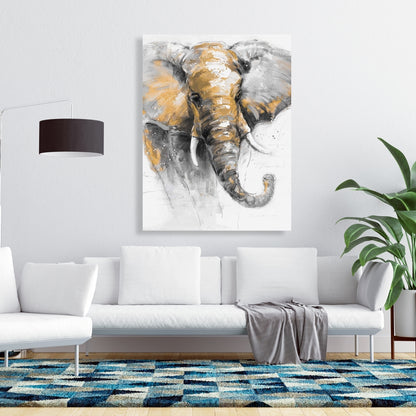 Magnifique toile représentant un éléphant doré – Décoration animalière pour le salon
