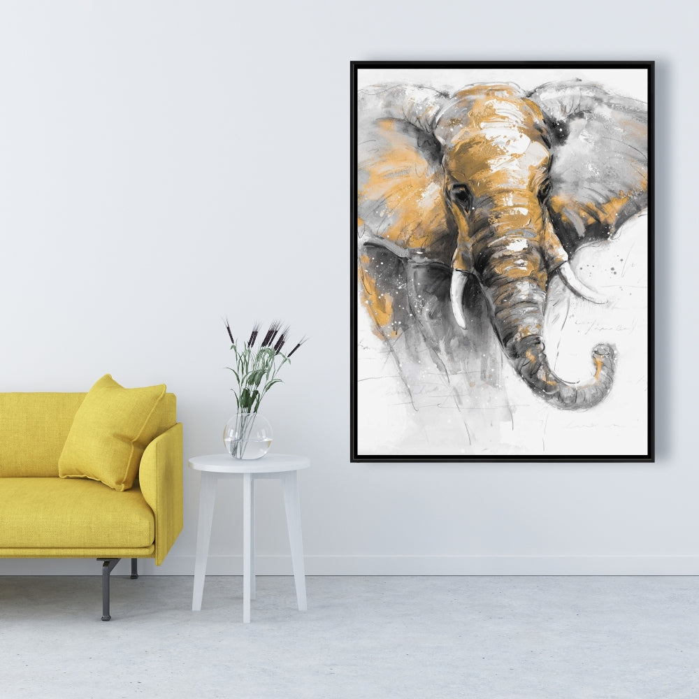 Toile encadrée grise – Magnifique éléphant doré pour la décoration intérieure