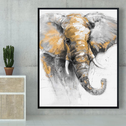 Toile encadrée grise – Magnifique éléphant doré pour la décoration intérieure