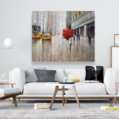 Toile « Rue des parapluies rouges » – Décoration murale contemporaine pour chambre à coucher