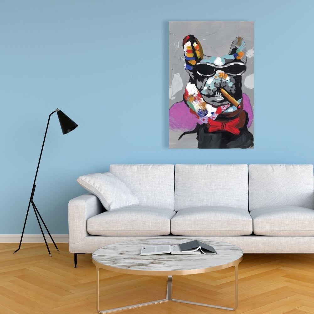 Abstract Bulldog with Cigar Gray Canvas - Pet Decor for Home