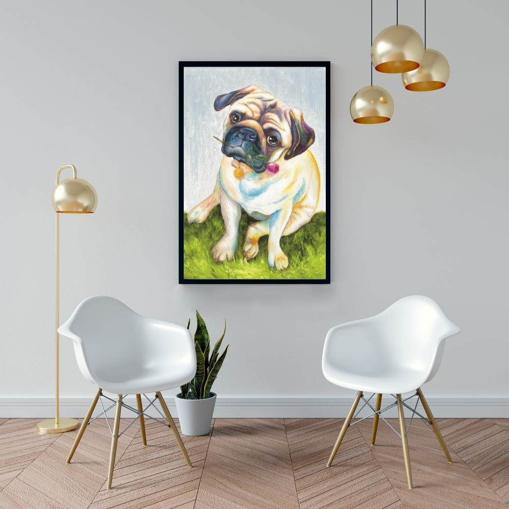 Toile « Carlin mignon avec rose » | Décoration animalière contemporaine