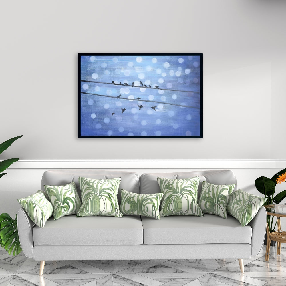 Toile encadrée Formes bleues – Décor oiseaux sur ciel scintillant