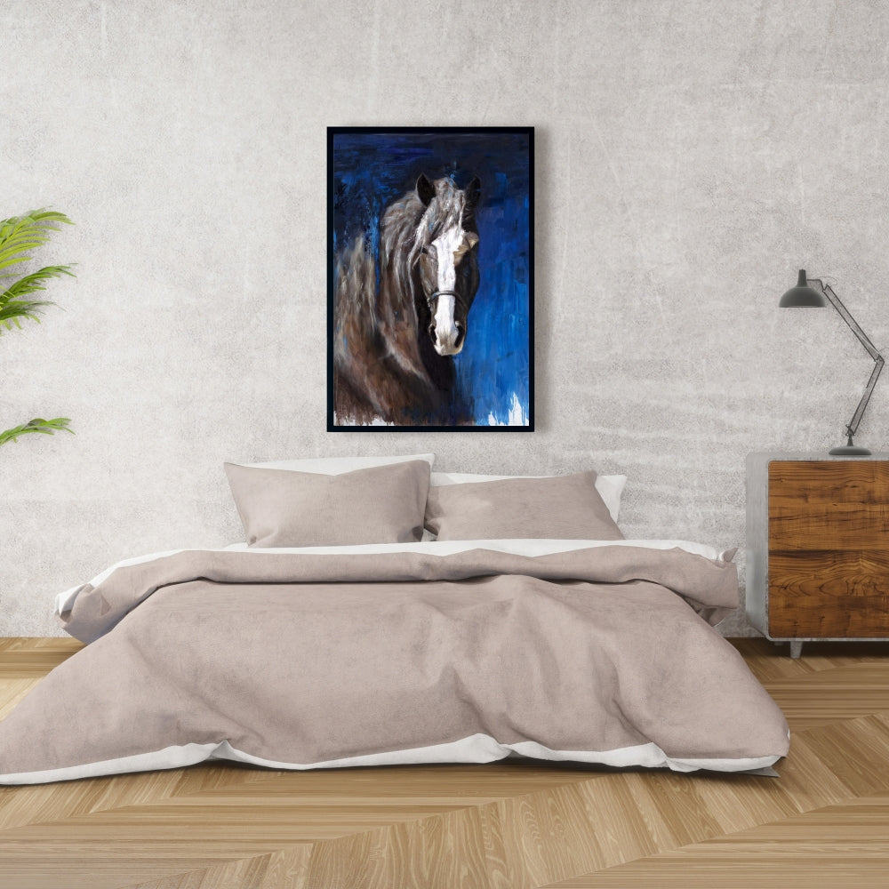 Toile bleue avec cheval brun | Décoration d'intérieur encadrée avec animaux de la ferme