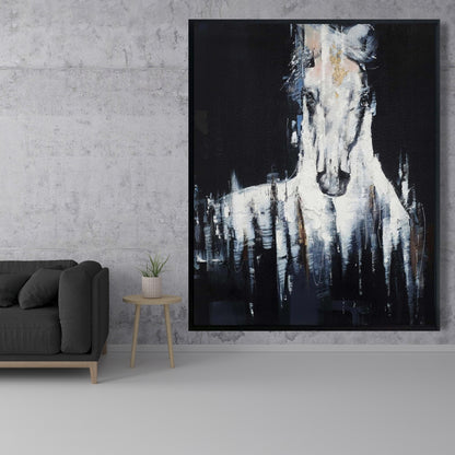 Toile abstraite de cheval blanc | Décoration d'intérieur avec animaux de la ferme bleus