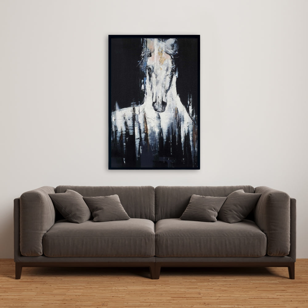 Toile abstraite de cheval blanc | Décoration d'intérieur avec animaux de la ferme bleus