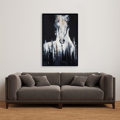 Toile abstraite de cheval blanc | Décoration d'intérieur avec animaux de la ferme bleus
