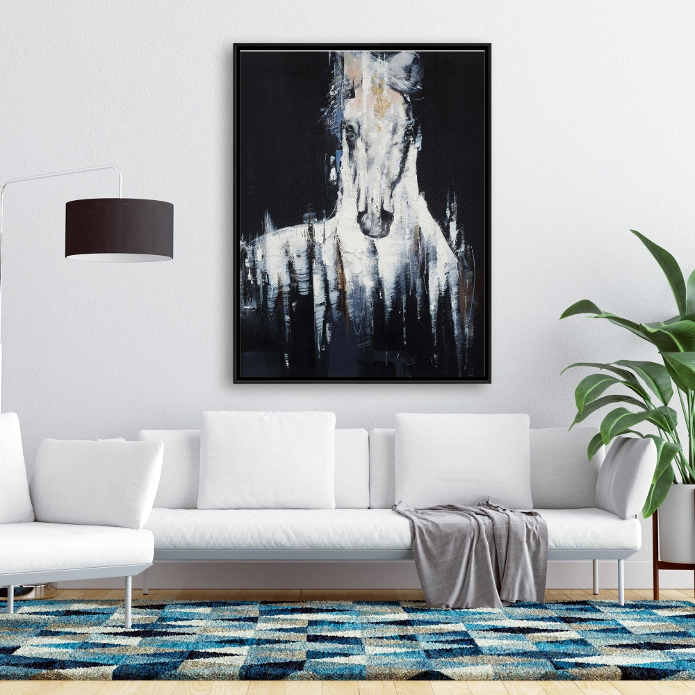 Toile abstraite de cheval blanc | Décoration d'intérieur avec animaux de la ferme bleus
