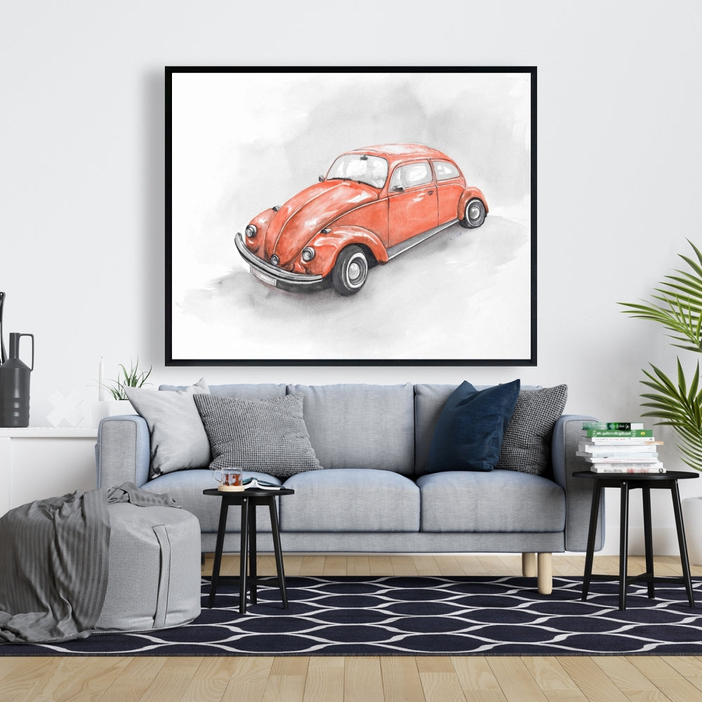 Voiture Coccinelle rouge vintage - Toile encadrée pour décoration d'intérieur