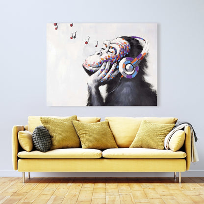 Monkey Listening to Music Canvas - Blue Animal Home Decor