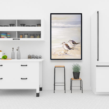 Deux bécasseaux sur la plage | Toile encadrée grise marine