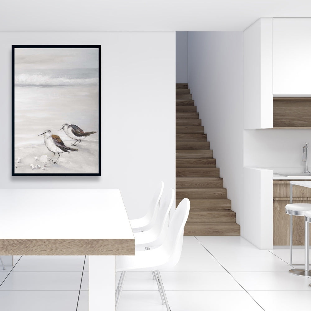 Marine Beige Framed Canvas - Two Sandpipers Birds Decor