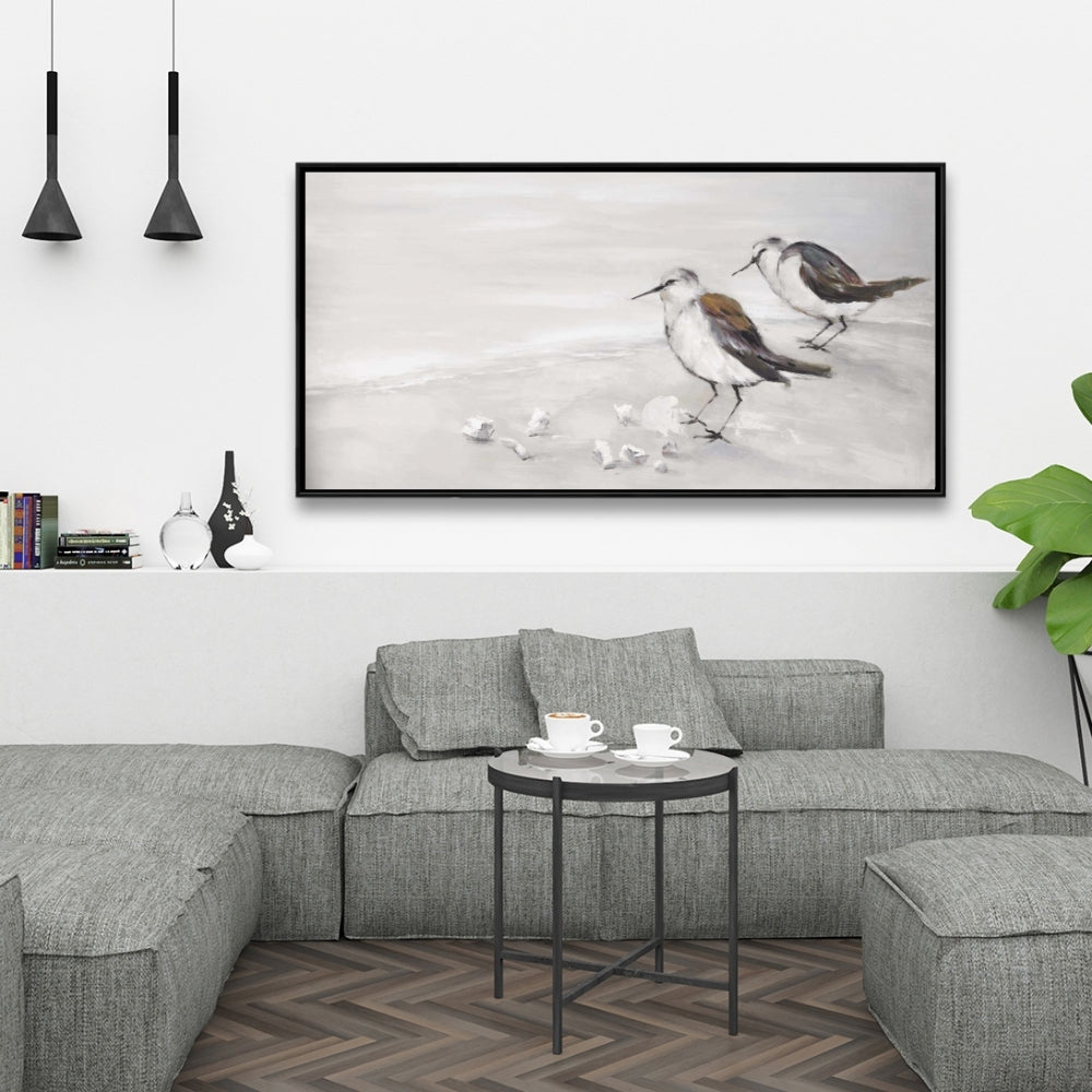Marine Beige Framed Canvas - Two Sandpipers Birds Decor