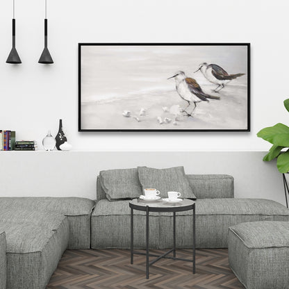 Marine Beige Framed Canvas - Two Sandpipers Birds Decor