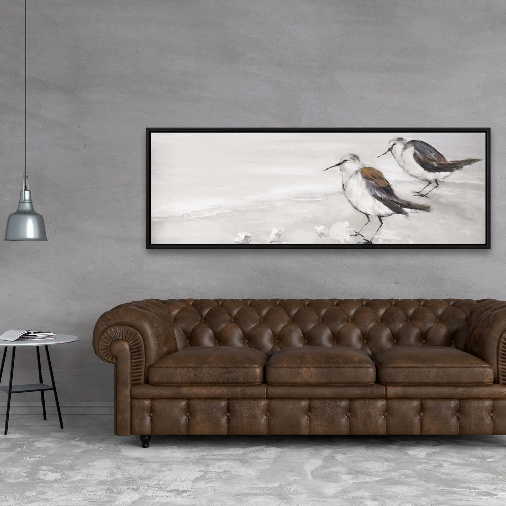 Marine Beige Framed Canvas - Two Sandpipers Birds Decor