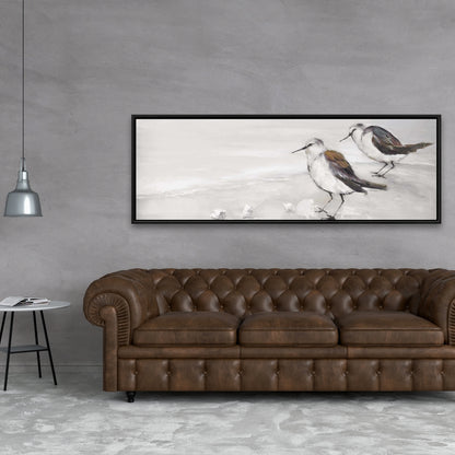 Marine Beige Framed Canvas - Two Sandpipers Birds Decor