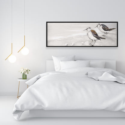 Marine Beige Framed Canvas - Two Sandpipers Birds Decor