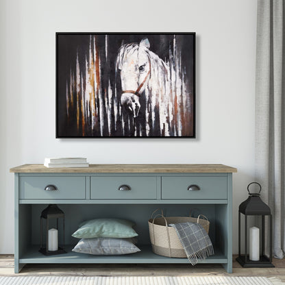 Cheval blanc sur toile sombre – Décoration animalière rustique pour chambre à coucher