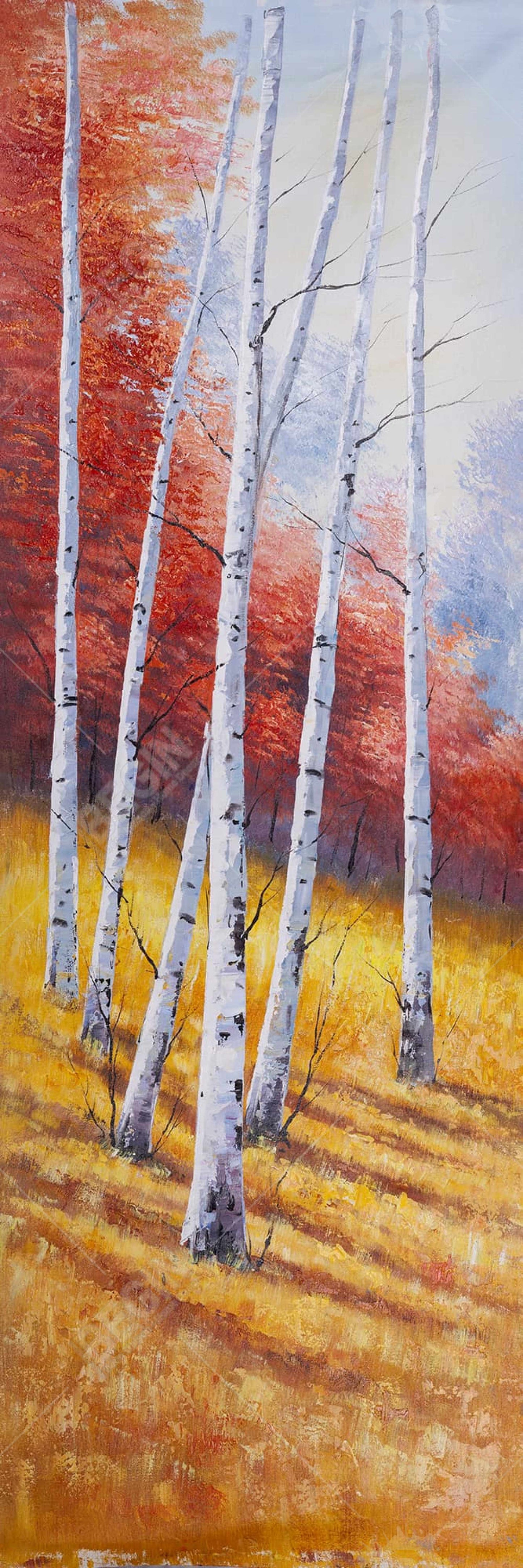 Paysage d'automne avec bouleaux - Toile encadrée pour chambre jaune