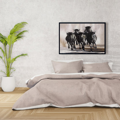 Groupe de taureaux en course – Décoration sur toile encadrée d'animaux bruns
