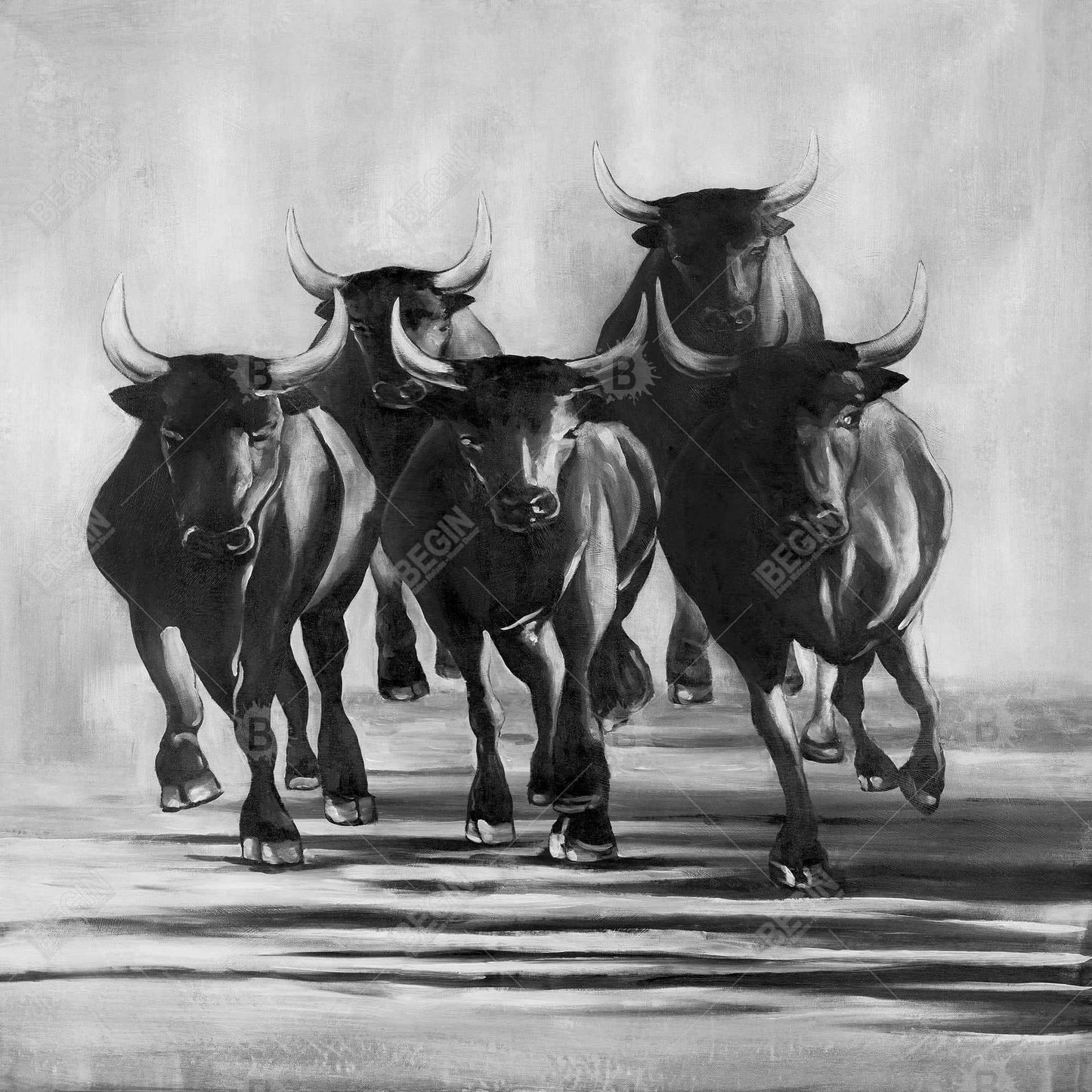 Gray Farm Animals Canvas | Group of Bulls Galloping Decor