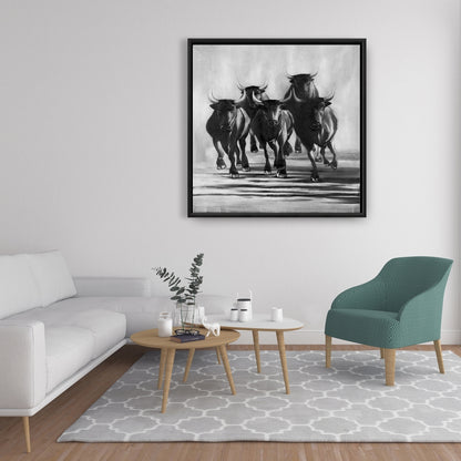Toile encadrée « Groupe de taureaux au galop » | Décoration pour homme des cavernes