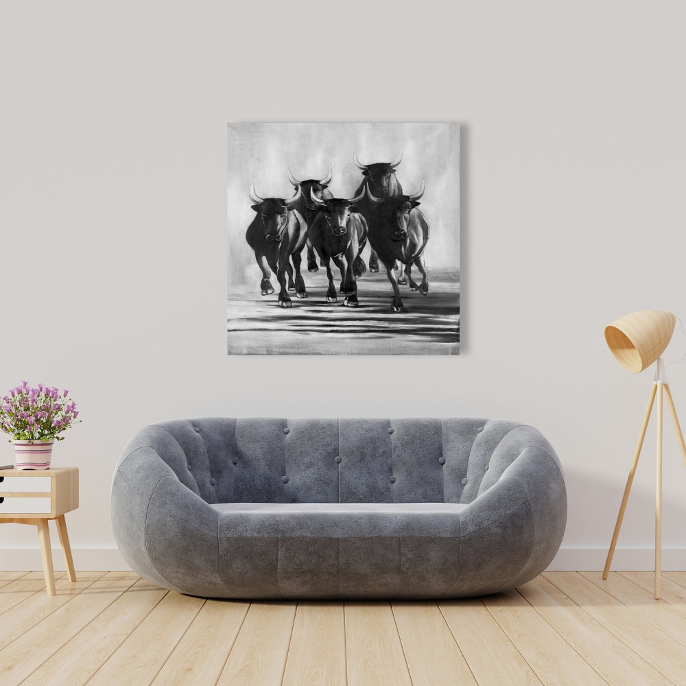 Gray Farm Animals Canvas | Group of Bulls Galloping Decor