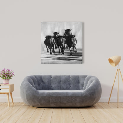 Gray Farm Animals Canvas | Group of Bulls Galloping Decor