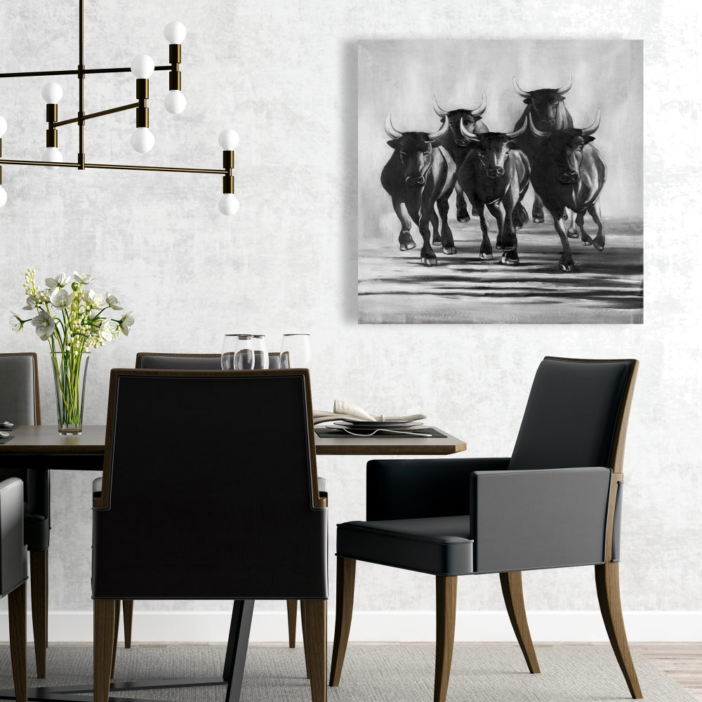 Gray Farm Animals Canvas | Group of Bulls Galloping Decor
