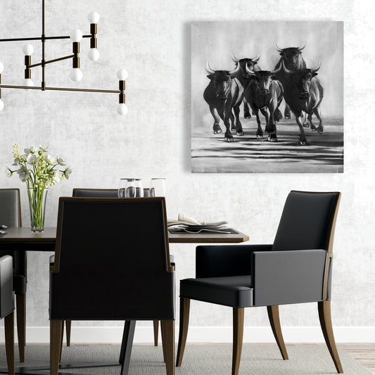 Gray Farm Animals Canvas | Group of Bulls Galloping Decor