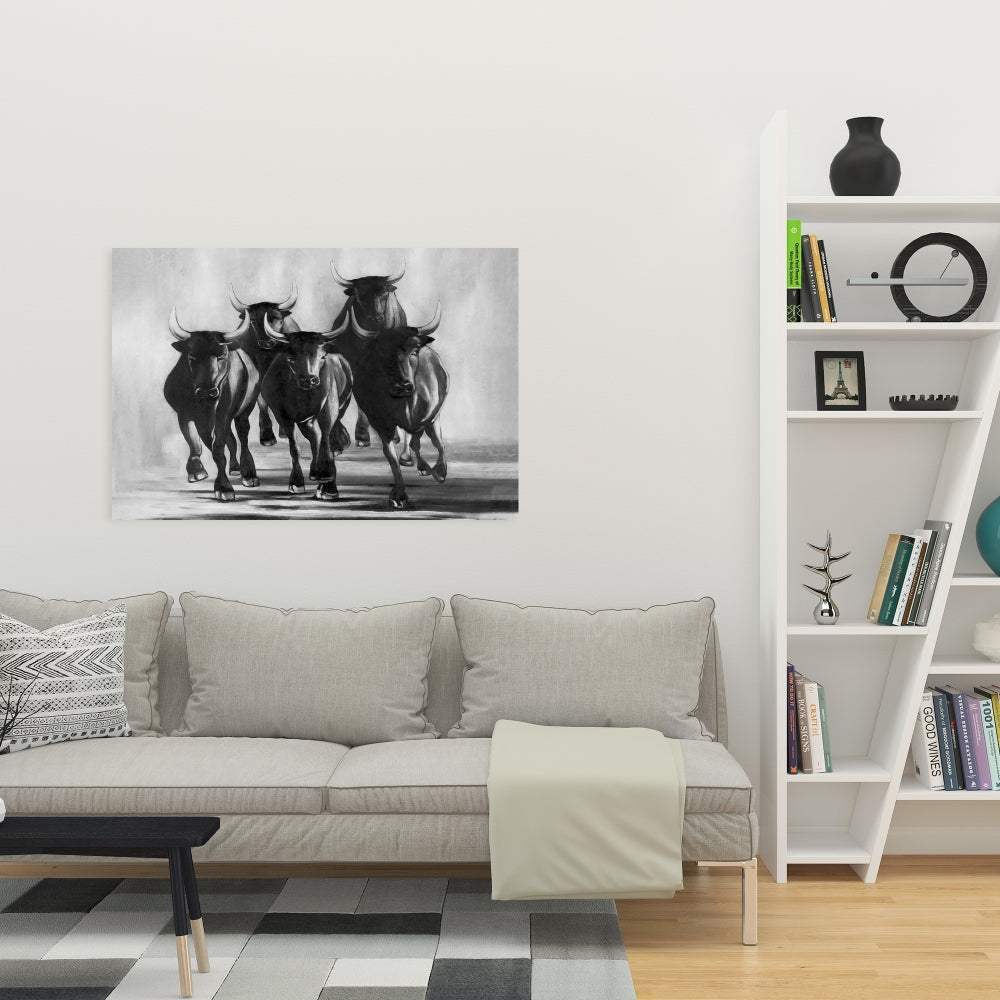 Gray Farm Animals Canvas | Group of Bulls Galloping Decor
