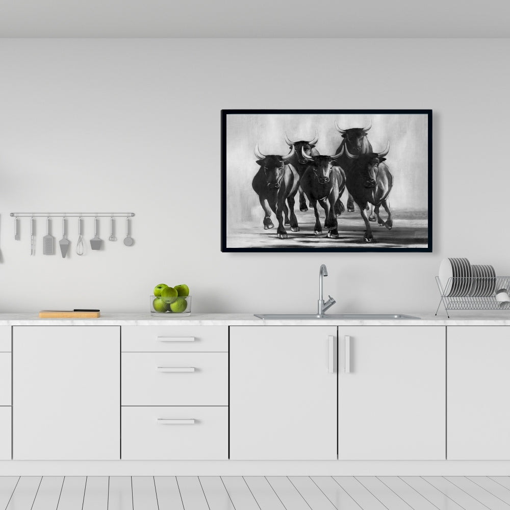 Toile encadrée « Groupe de taureaux au galop » | Décoration pour homme des cavernes