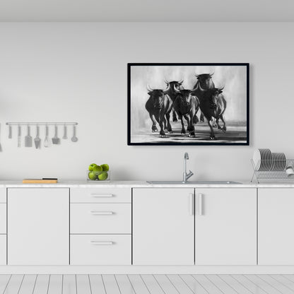 Toile encadrée « Groupe de taureaux au galop » | Décoration pour homme des cavernes