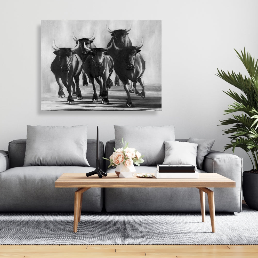 Gray Farm Animals Canvas | Group of Bulls Galloping Decor