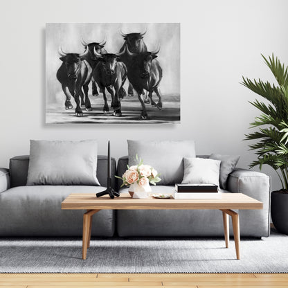 Gray Farm Animals Canvas | Group of Bulls Galloping Decor