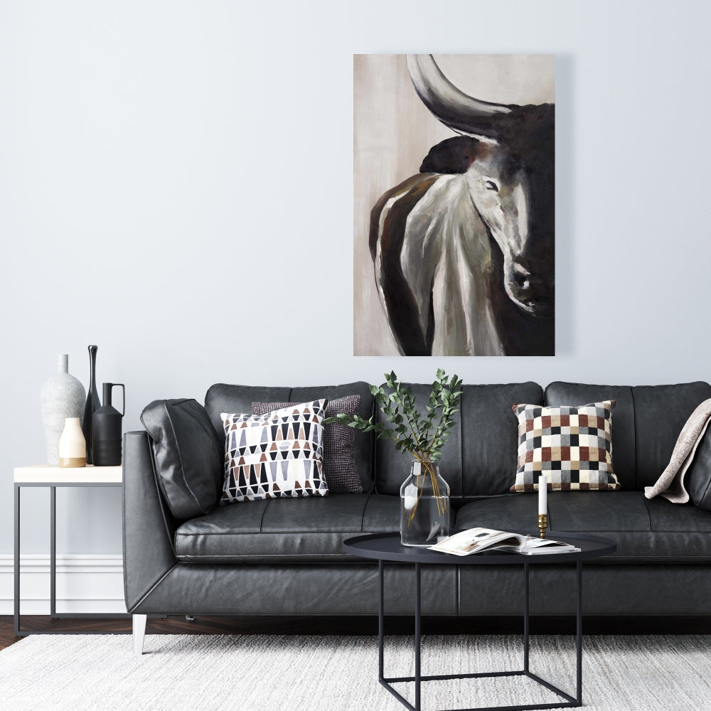 Tête de taureau vue de face | Toile marron rustique | Décoration d'intérieur