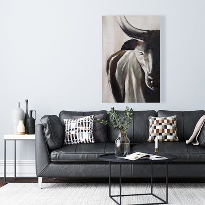 Tête de taureau vue de face | Toile marron rustique | Décoration d'intérieur