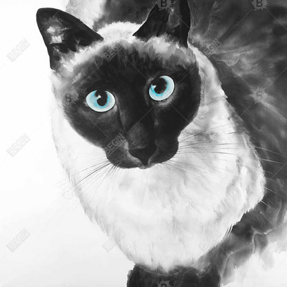 Toile de chat siamois aux yeux bleus - Décoration d'intérieur encadrée blanche