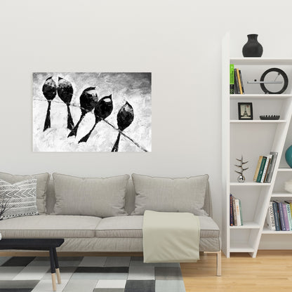 Five Birds Perched Canvas | White Monochrome Bedroom Decor