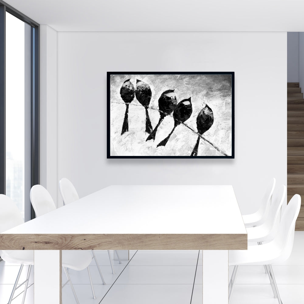 Toile monochrome « Cinq oiseaux perchés » – Décoration d'intérieur encadrée