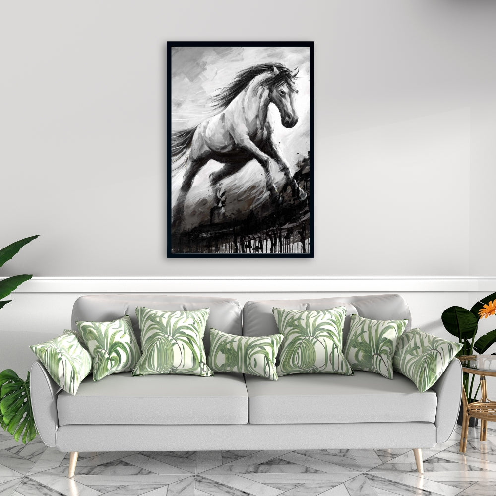 White Horse in the Wind - Rustic White Framed Canvas Decor