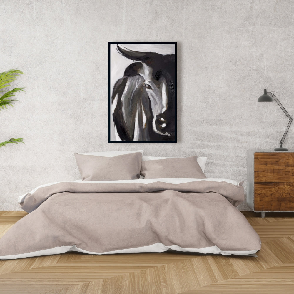 Bull Head Closeup Canvas | Brown Framed Bedroom Decor