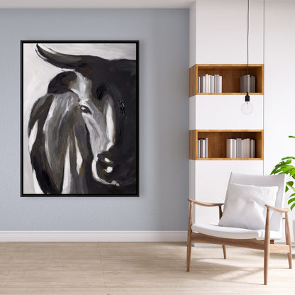 Bull Head Closeup Canvas | Brown Framed Bedroom Decor