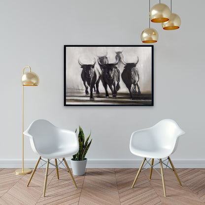Running Fierce Bulls Canvas | Brown Rustic Bedroom Decor