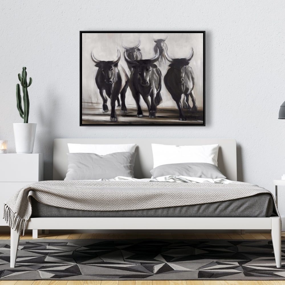 Running Fierce Bulls Canvas | Brown Rustic Bedroom Decor
