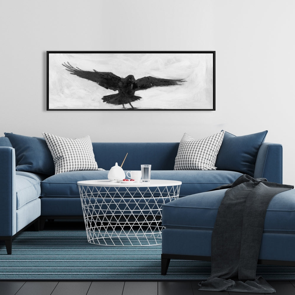 Corbeau en vol | Toile encadrée noir et blanc pour décoration intérieure