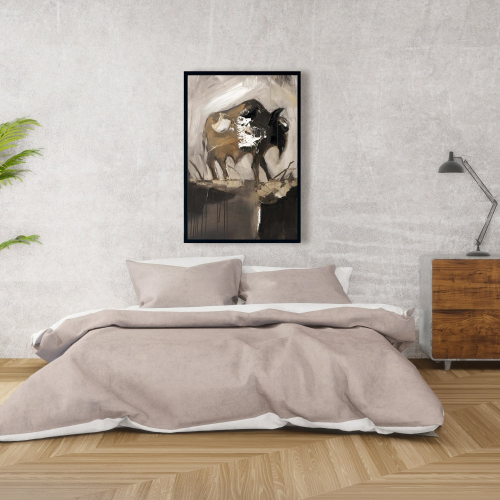 Toile abstraite représentant un buffle | Décoration murale avec animaux de la ferme marron